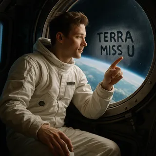 An astronaut in a white jumpsuit sits in zero gravity inside a spacecraft, touching a fogged window with a finger-written message 'TERRA MISS U' with Earth visible from orbit outside.
