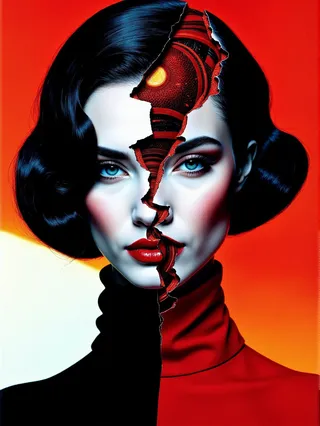 Portrait of a cyborg woman with blue eyes and black hair, showing a torn face revealing a mechanical interior against a vibrant red background.