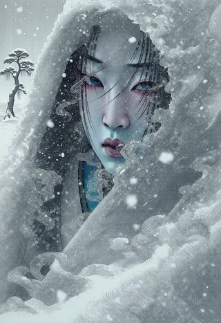 A melancholic Yuki-onna, the Snow Woman of Japanese folklore, depicted through intricate cross-hatching amidst swirling snowflakes and a snowy pine tree background.