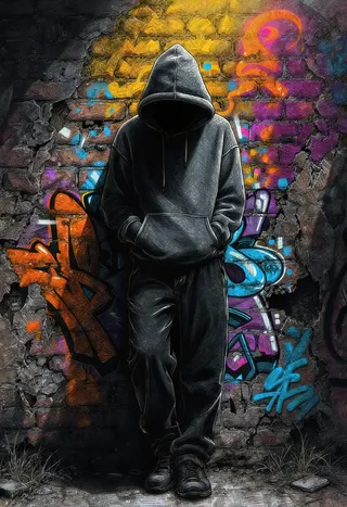 A hooded figure in a grey sweatshirt stands against a crumbling brick wall covered with vibrant graffiti, rendered with detailed cross-hatching technique.
