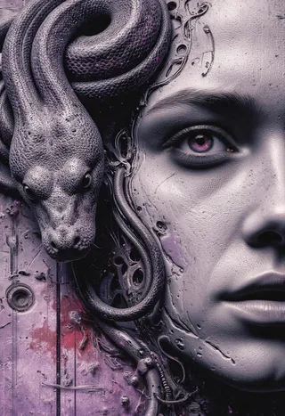 Highly detailed digital artwork featuring a close-up of a pale human face merged with a large textured snake, showcasing vivid purple eyes and a dark abstract background with glitch and metallic effects.