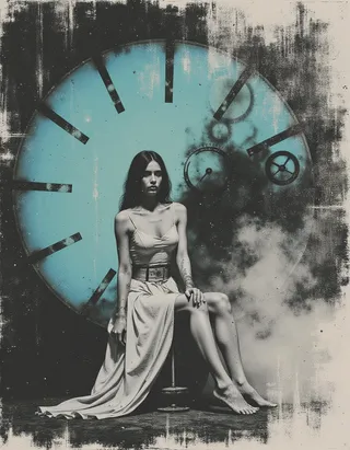 Photorealistic steampunk scene with a barefoot young lady in a flowing dress seated in front of a large clock face with mechanical gears, dramatic lighting and grayscale tones.