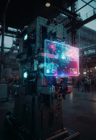 A high-tech computer machine with a glowing blue and pink holographic interface screen in a dimly lit industrial environment, featuring photorealistic cinematic lighting and detailed mechanical components.