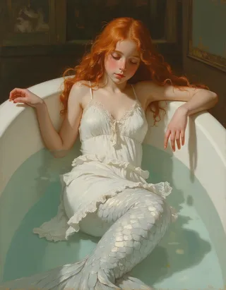 Oil painting of a petite red-haired mermaid relaxing in a bathtub, wearing a white nightshirt with her shimmering mermaid tail partially submerged in water.