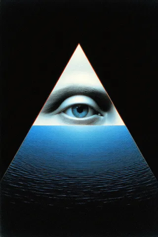 A hyper-realistic blue human eye inside a glowing triangular frame against a deep black void, with blue ripple textures filling the lower triangle section.
