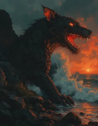 A dark fantasy wolf with glowing orange eyes and open jaws roaring fiercely on a rocky shore with ocean waves crashing, illuminated by a vibrant orange sunset.