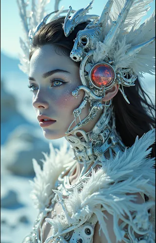 Portrait of a celestial female with glowing snow-white skin, integrated with intricate silver biomechanical headgear featuring glowing lens and ethereal feathered wings, set against a blue desert background.