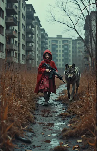 Young girl in red hooded cloak holding a machine gun, walking on a muddy autumn path beside a large wolf in the abandoned city of Pripyat with Soviet-style buildings under a cloudy gray sky.