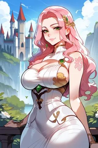 Fantasy princess with pink hair, green eyes, and intricate white dress adorned with gold, standing outdoors with a blue sky and castle behind.