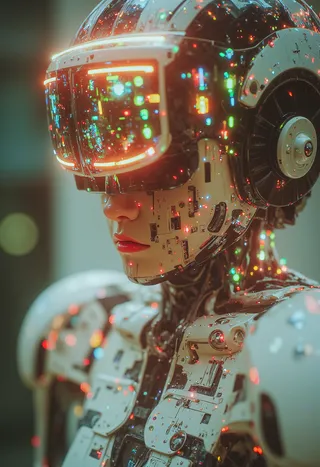 A robotic woman wearing a futuristic virtual reality helmet illuminated with colorful digital lights and detailed cybernetic components.