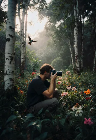 A wildlife photographer crouched among vibrant wildflowers in a dense tropical forest, capturing images with a DSLR camera as a bird flies nearby, bathed in cinematic natural light.