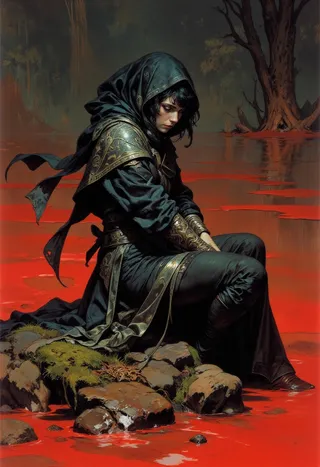 A hyperrealistic painting of a female vampire sitting on rocks by a blood-red river, wearing dark silk scarves and intricate armor, in a spooky, eerie forest setting.