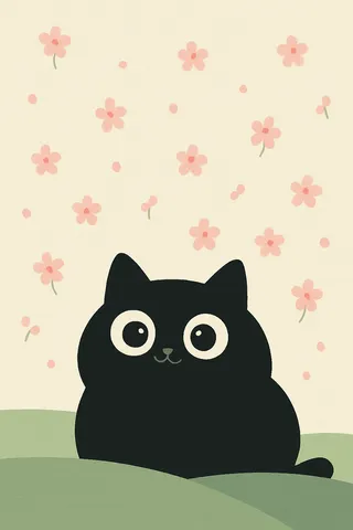 Minimalist flat cartoon of a chubby black cat with large round eyes sitting on soft green spring grass, surrounded by pastel pink cherry blossoms on a cream background.