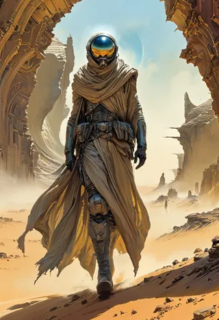 A Bedouin figure in a futuristic space suit and wrapped cloths walks through a desert sandstorm on an alien planet with rocky dunes and ancient ruins, a large planet visible in the cloudy sky.