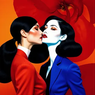 Elegant fashion portrait of two women with black hair in red and blue blazers against a vivid orange and red background
