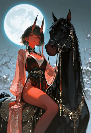 Aka-Oni woman with red skin and black horns, wearing a Mongolian-style red hanfu, sitting sideways on a black horse under a large full moon at night.