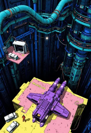 A cyberpunk industrial scene featuring a purple spaceship labeled 'MARS 04' on a yellow and pink platform, surrounded by blue pipes, a person in an orange space suit on a hanging platform, and white boxy vehicles below.