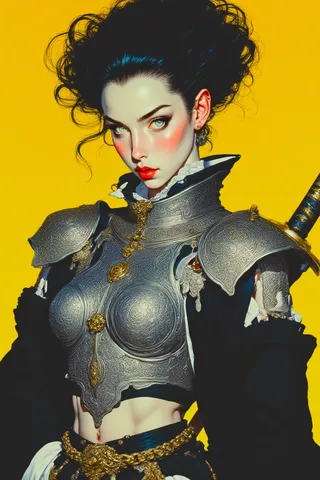 Highly detailed anime-style woman wearing an ornate chrome silver breastplate and gripping a katana, set against a vivid yellow background.