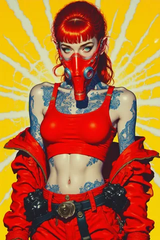 A hyper-realistic digital artwork of a young woman with vibrant red hair in a high ponytail, wearing a red crop top and loose red cargo pants, with blue tribal tattoos on her chest, arms, and abdomen, and a red gas mask with blue accents covering part of her face. She stands against a bright yellow background with white radiating abstract lines.