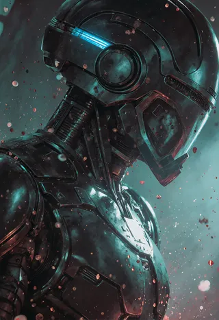 Photorealistic robot in futuristic armor with retrofuturism style, cinematic dramatic lighting, and floating particles against a moody background.