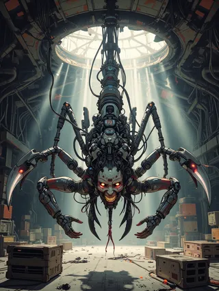 A menacing cyber assassin cyborg hangs upside down from the ceiling in a dim industrial hangar, with biomechanical scythe-like blades and glowing red eyes.