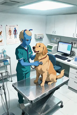 A blue-skinned Andorian veterinarian in green scrubs uses a stethoscope to examine a calm golden retriever sitting on a metal examination table in a clean, modern veterinary clinic room.