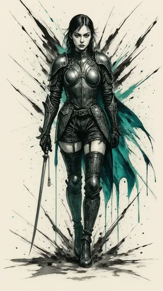 Tall warrior woman clad in polished steel plate armor accented with floral etching, standing amid black ink splashes and jade watercolor aura, holding a sword.