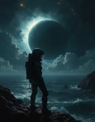 A teen girl astronaut in a sleek black space suit stands on rocky terrain overlooking an alien ocean under a massive black hole illuminating the dark, moody space scene with cinematic lighting and deep shadows.