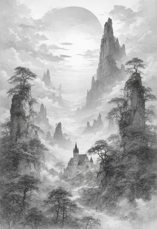 Monochrome detailed landscape featuring an ancient church nestled among towering rock formations and trees under a swirling sky with cross-hatched clouds.