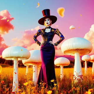 A female ringmaster in futuristic fashion stands confidently in an autumn meadow surrounded by giant white mushrooms under a colorful sunset sky with floating petals.