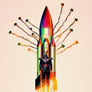 A colorful, futuristic rocket with a medieval king standing in front, surrounded by radiant, branching structures on a pale background.
