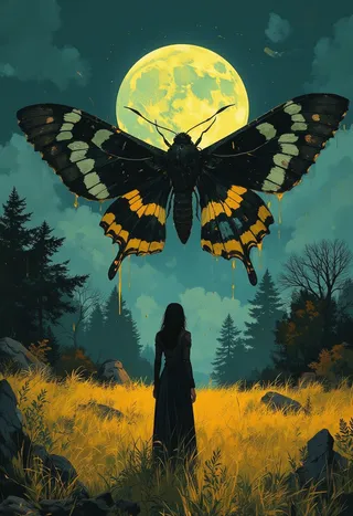 A large colorful moth with black, yellow, and white striped wings hovers in front of a glowing full moon above a golden grass field at night, with a shadowed woman in a dark dress standing beneath.