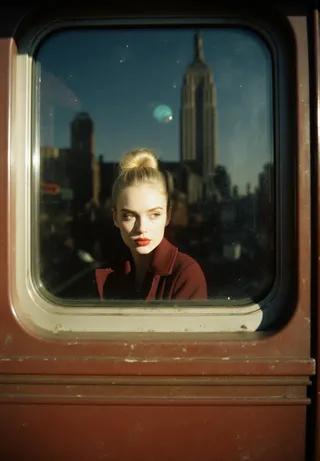 Blonde woman with updo hairstyle wearing a dark red coat, seen through a vintage railway carriage window with Manhattan reflected in the glass.