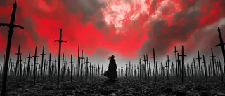 A solitary figure with long hair stands among numerous black swords thrust into a barren ground, under a dramatic crimson sky with swirling turbulent clouds.
