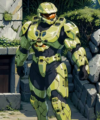 A muscular boy wearing detailed green Master Chief armor, holding a gun, depicted in Ghibli style, standing near stone ruins with greenery.