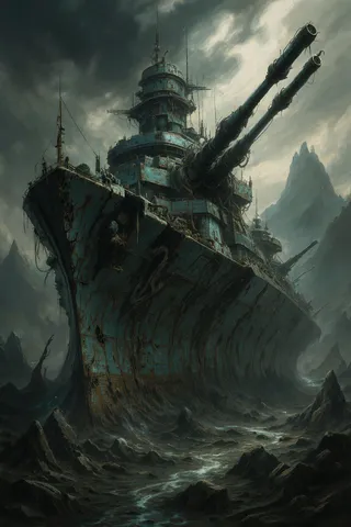 A surreal, detailed depiction of a massive, battered Doomsday battleship stranded on a rocky coastline under a dramatic, dark swirling sky, combining dystopian gothic and tenebrism styles.