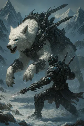 A large four-legged mythical beast with white fur and black armor engages in battle with a cybernetic warrior clad in futuristic black armor, set against a snowy mountainous backdrop with dramatic lighting.