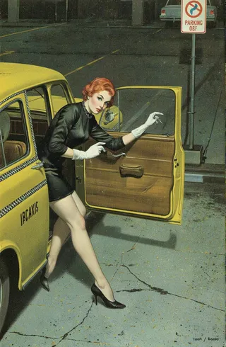 A vintage pin-up style illustration of a red-haired woman in a black dress and white gloves leaning on the open door of a yellow taxi cab parked in a dimly lit night parking lot with a no parking sign