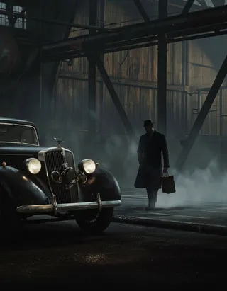 Silhouette of a man in a fedora and long coat carrying a briefcase walking towards a vintage car in a foggy, dimly lit industrial setting.