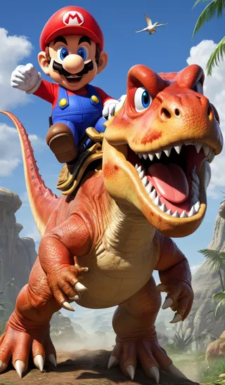 3D animated Super Mario character riding a large, friendly red dinosaur with a big smile in a bright outdoor prehistoric landscape
