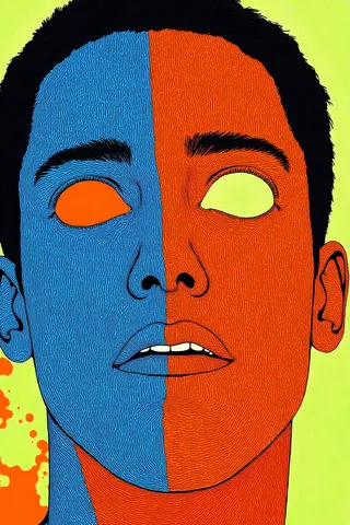 Close-up linework portrait of a man's face split vertically, left side painted blue with an orange hollow eye, right side painted orange with a green eye, vibrant background