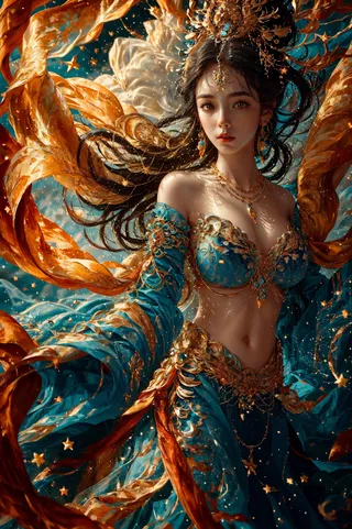 A fantasy woman in an ornate blue and gold costume with jewelry, set against a starry sky with a gigantic full moon, showcasing dynamic pose and detailed decoration.