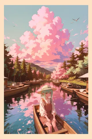 A peaceful serene lake scene featuring a wooden boat with a girl wearing a hat, pink clouds reflected on calm water, surrounded by green trees and boats
