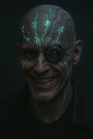Close-up of the Circuit Prophet with a bald skull etched with glowing neon runes, one eye replaced by a rotating robotic lens, captured in dark fantasy cyber-horror style with VHS grain and neon lighting.