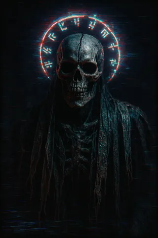 Close-up of a skeletal figure known as the Static Harbinger, with a cracked skull surrounded by a glowing neon halo of mysterious glyphs, draped in torn circuitry banners, presented in a dark fantasy cyber-horror style with VHS grain and digital glitch effects.