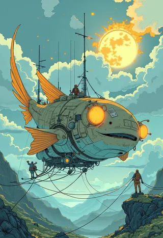 A detailed digital painting of a mechanical fish-like airship with glowing orange eyes and fins flying through a mountain valley under a bright sun with humans managing cables connected to it.