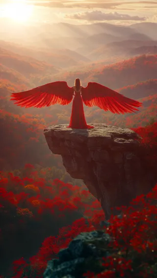 A woman with large crimson red wings and a flowing deep red gown stands on a rugged cliff ledge overlooking a vast forest of red and amber autumn foliage illuminated by golden god rays.