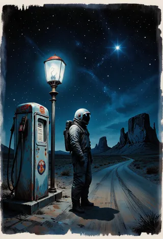 A lone astronaut stands by a weathered gas pump in a desert under a star-filled midnight sky with dark slate rock formations in the distance.