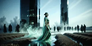 A mature Cypriot female water elemental with glass-like transparency and layered fabric clothing walking through a frosted winter farming landscape, with futuristic skyscrapers and groups of people blurred in the background.