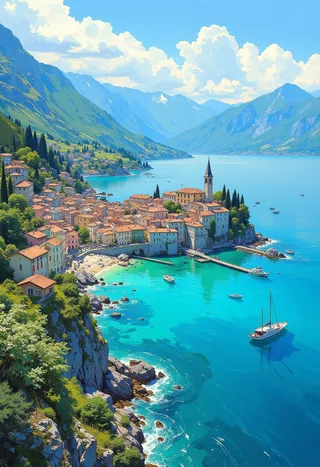 Beautiful village at Lago di Garda in Italy with orange-roofed buildings, surrounded by clear turquoise water and backed by towering green mountains and blue skies.